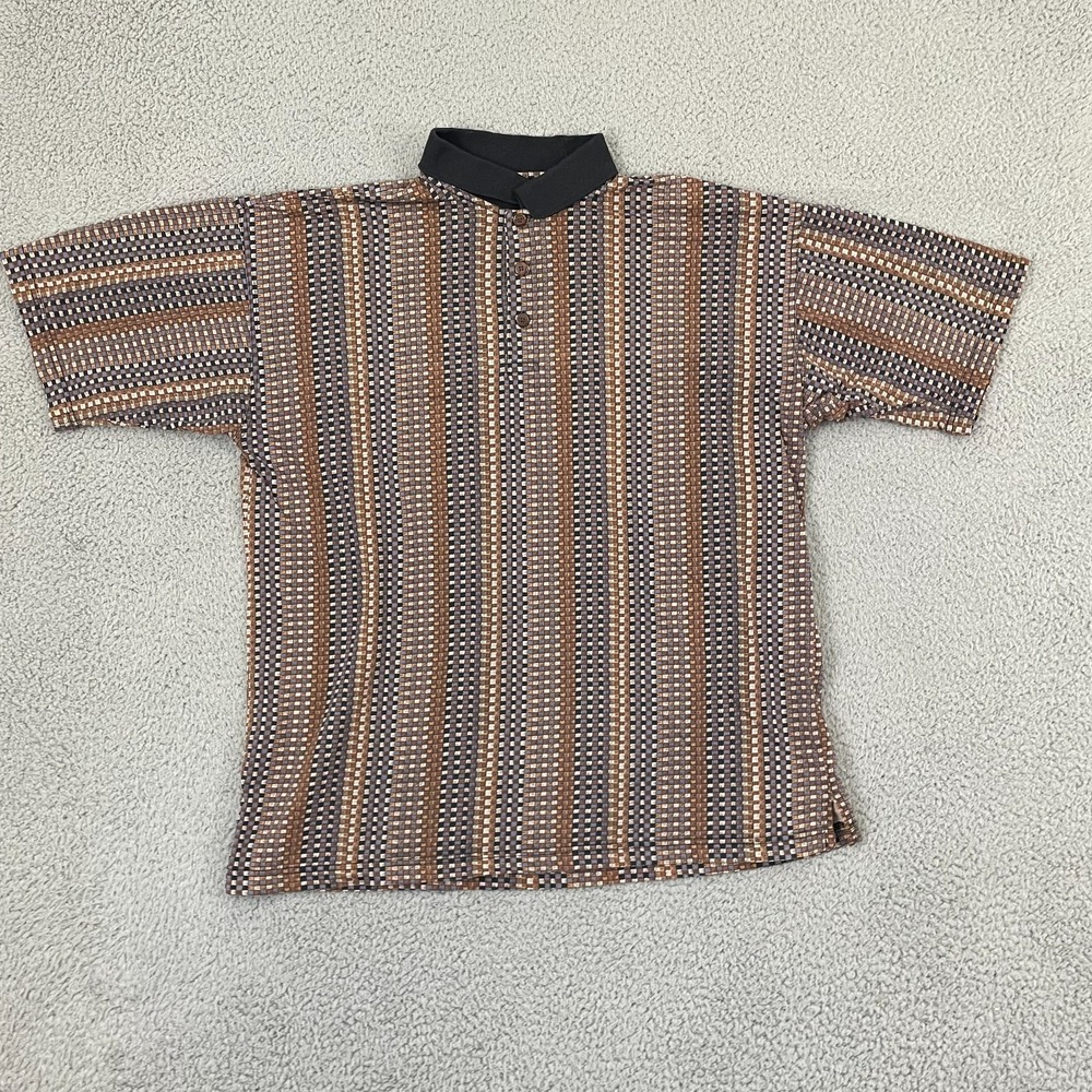 Vintage Natural Issue Polo Men L Brown AOP Short Sleeve Retro Shirt